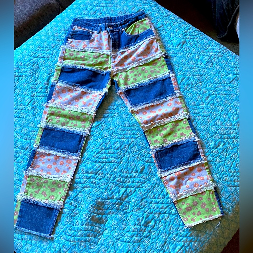 NWT, RAGGED for Dolls Kill jeans,patchwork denim and floral,ragged seams, 30